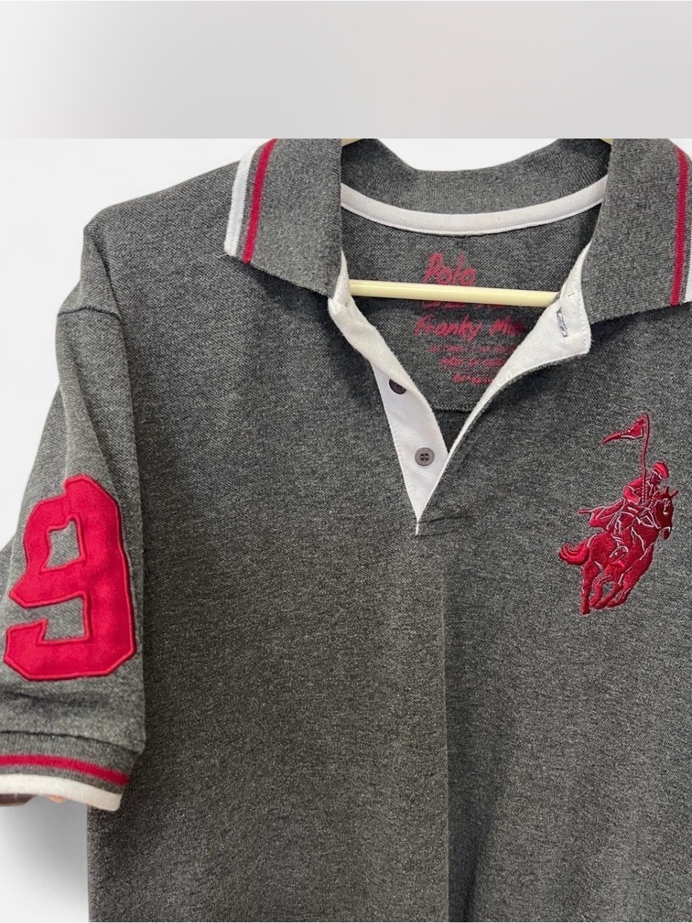 Mens Polo Franky Max Gray Shirt Size XL Large Big Pony #9 Short Sleeve Red Prep
